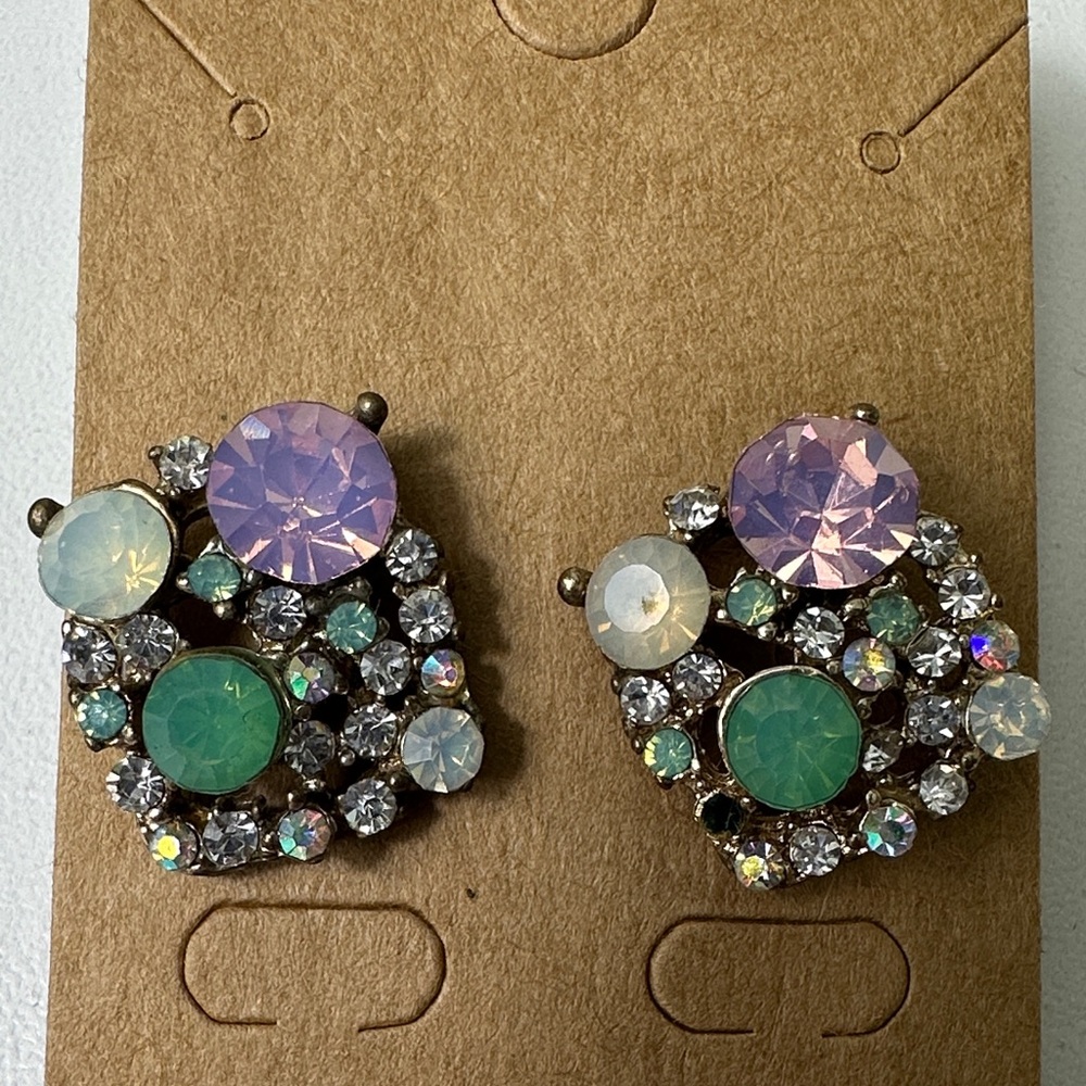 Vintage Multicolor Crystal Cluster Stud Earrings - Women Jewelry